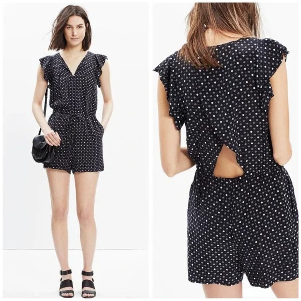 Madewell Silk Petalplay Romper Dotmix Polka Dot Print Ruffle Sleeve Black Large